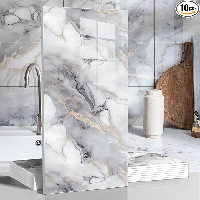 10pcs Marble Peel and Stick Waterproof Wall Panels, Heat-Resistant Backsplash by Chejiaye
