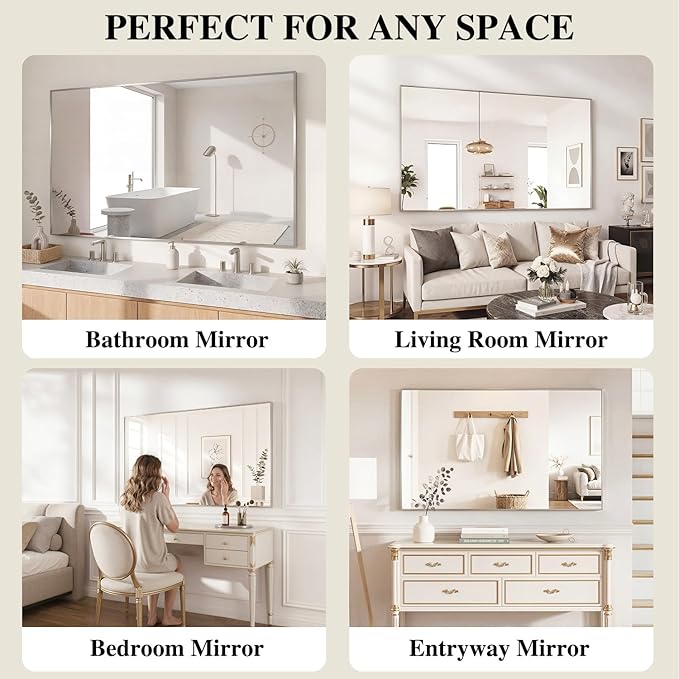 Koonmi Silver Rectangle Wall Mirror, 30x36 Inch Bathroom Mirror, Aluminum Frame - Image 7