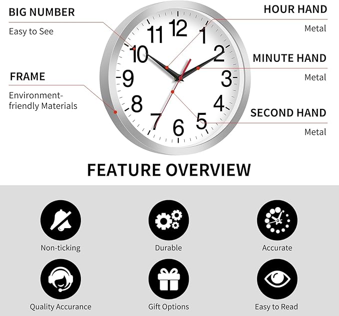 Rohioue 14 Inch Wall Clock Modern Battery Operated Silent Non Ticking Analog - Image 4