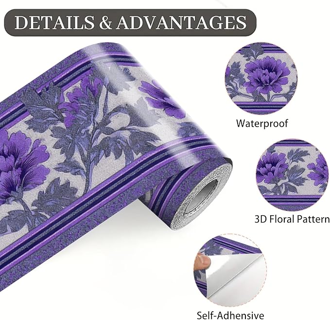 Purple Floral Wallpaper Border 196x4 Inch Peel and Stick Wall Border Self - Image 9