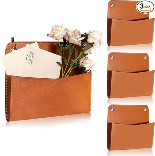 3 Pcs PU Leather Mail Holder Wall Mount Brown PU Leather Letter Holder Vintage by Unknown