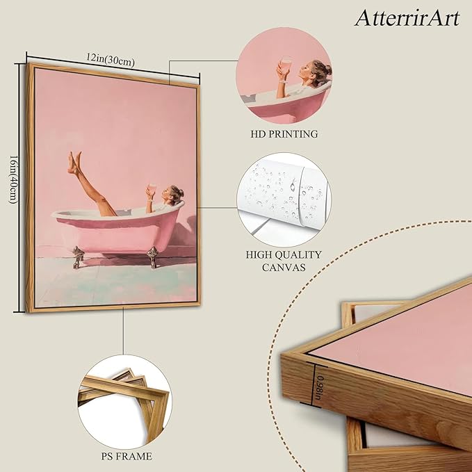 AtterrirArt Framed Pink Bathroom Wall Art, 12 * 16inch, Minimalist Bathtub - Image 4