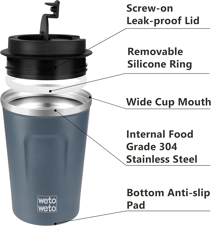 WETOWETO 12oz Reusable Coffee Cup, Coffee Travel Mug with Lid, Spill Proof Thermal Mug, Double-Walled Insulated Cup, Stainless Steel Portable Cup for Hot and Cold Drinks(Blue)