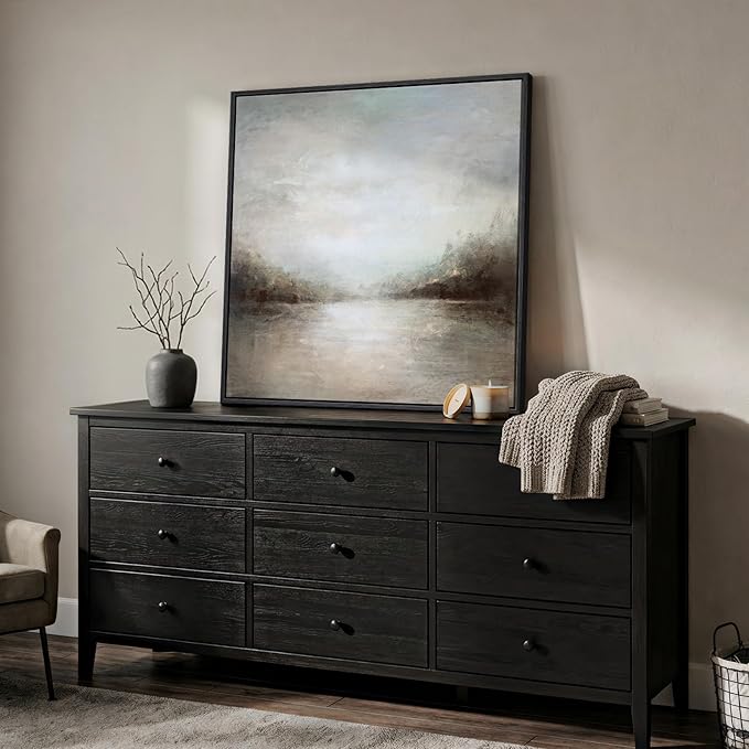 Framed Abstract Lake Landscape Wall Art, Modern Neutral Canvas Prints Artwork - Image 2