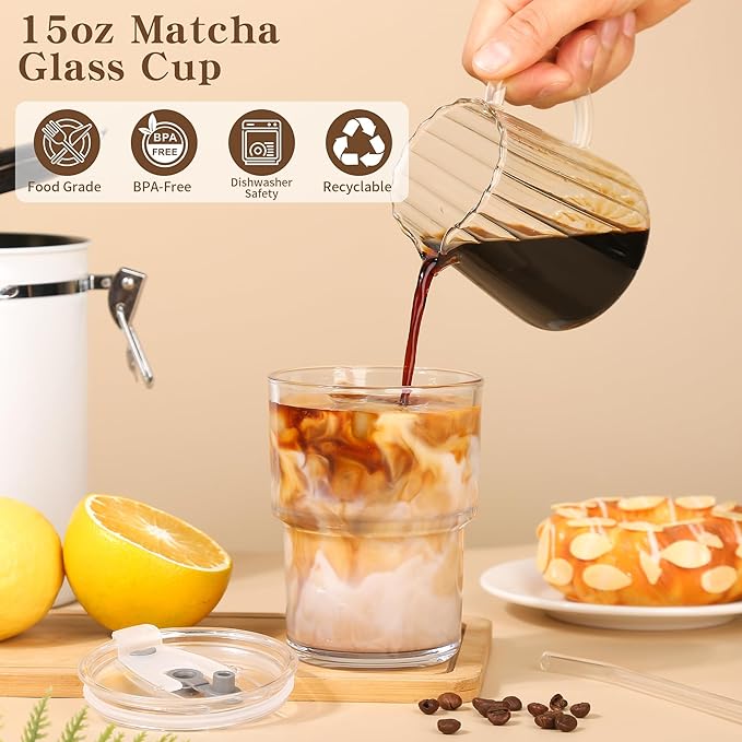 15oz Iced Coffee Cups with Lids Reusable,4Pcs Glass Matcha Cups,Glass Cups with Lids and Straws,Clear Glass Coffee Tumbler for Drinking Water,Tea,Juice