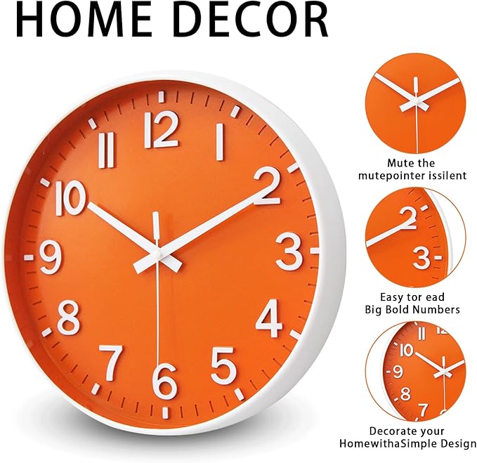 HZDHCLH Wall Clocks Battery Operated, Wall Clock Orange, 10 inch Wall Clock - Image 3