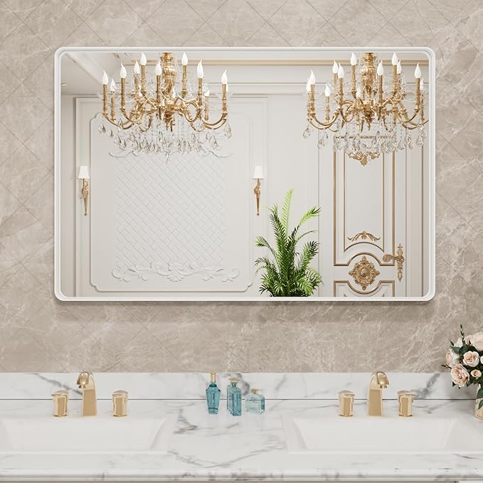 LOAAO 40x36 Inch White Metal Framed Bathroom Mirror - Image 8