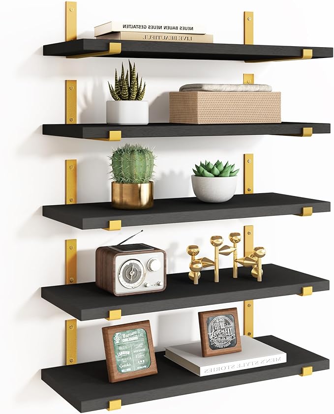 Fixwal Floating Black Gold Shelves Set of 5, Width 4.7 Inches, Rustic Wood Wall by Fixwal