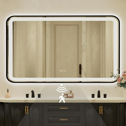 32x55 Inch Black Framed LED Bathroom Mirror by Unknown