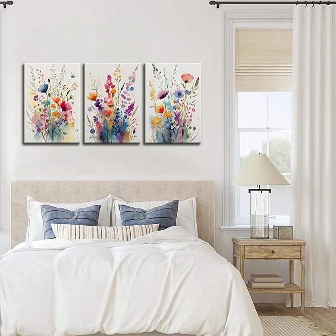 KISSFOX 3 Piece Colorful Flower Framed Wall Art Decor Watercolor Botanical - Image 3