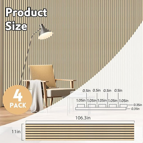 4 Pack Wood Panels for Wall, 106.3" × 11" Wood Slat Acoustic Panels, Soundproof - Image 2