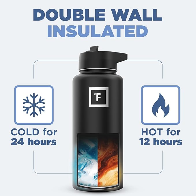 IRON °FLASK Camping & Hiking Hydration Flask with Straw, Wide Mouth Insulated Stainless Steel Sports Water Bottle - 32 oz Dark Rainbow