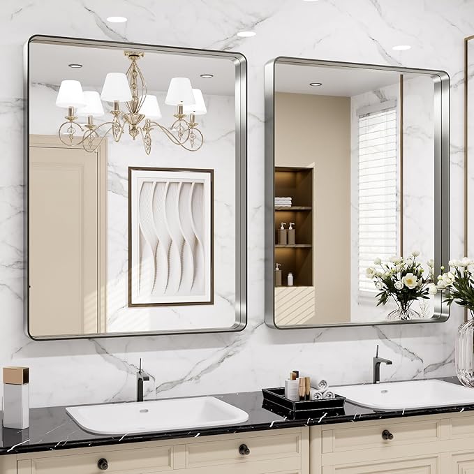 LOAAO 28X36 Inch Brushed Nickel Bathroom Mirror, Rounded Rectangle Silver Metal - Image 4