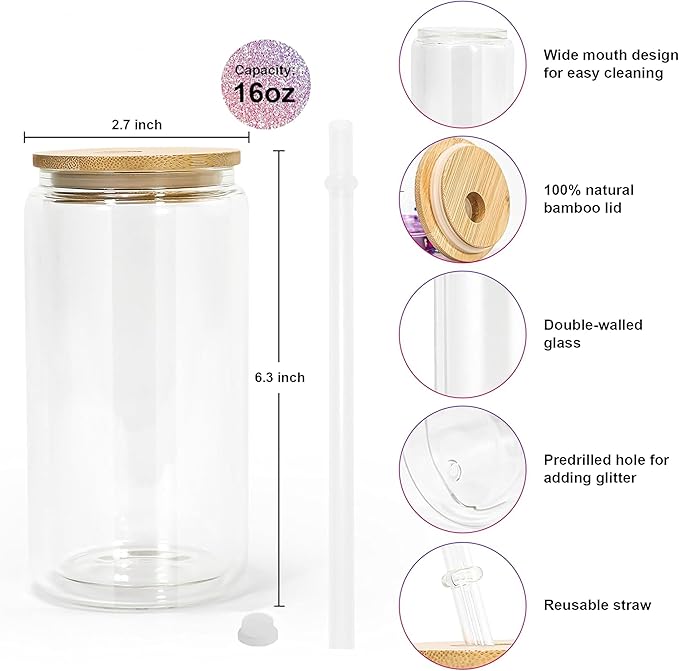16oz SnowGlobe Cups, 25pack Sublimation Snowglobe Cup with Bamboo Lids and Straws, Double Walled Glass Mug Bulk, Pre Drilled Glass Blank for Snow Globe Glitter, Individual Packaging