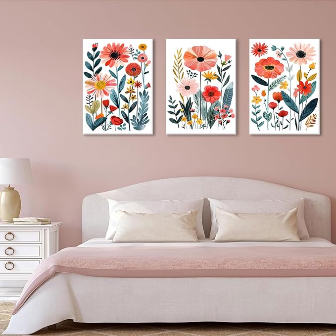 KISSFOX Framed Colorful Wildflower Canvas Wall Art Set Of 3 Flowers Pictures - Image 6