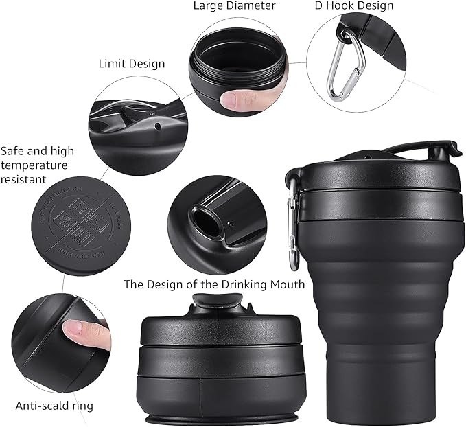 Collapsible Coffee Cup, 20 OZ 600ml Silicone Travel Folding Cup, Leak Proof BPA Free Portable Cup, Travel mug with Lids for Camping hiking