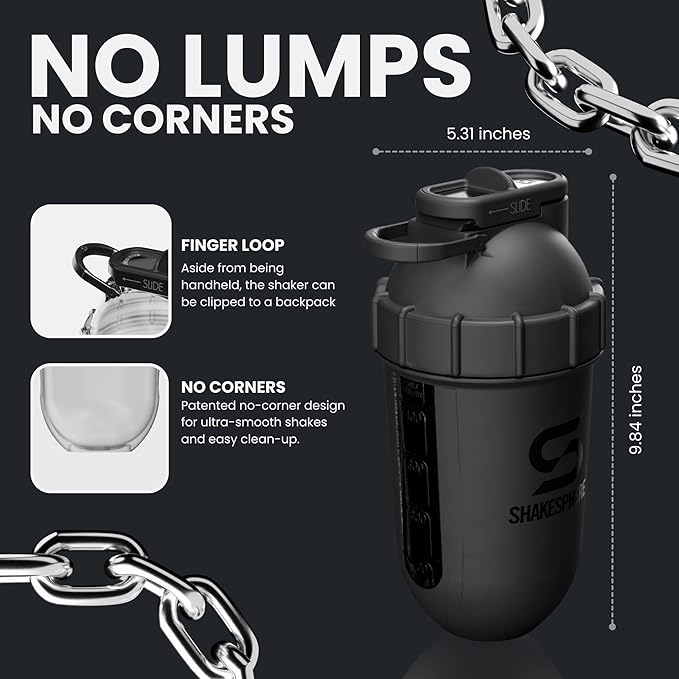 SHAKESPHERE Tumbler Protein Shaker Bottle - BPA-Free 24oz Blender Shaker Cups for Protein Shakes, Purees, Fruit, Smoothies & Pre Workout with Clear Window - Bladeless Mixer & Leak Proof - Matte Black