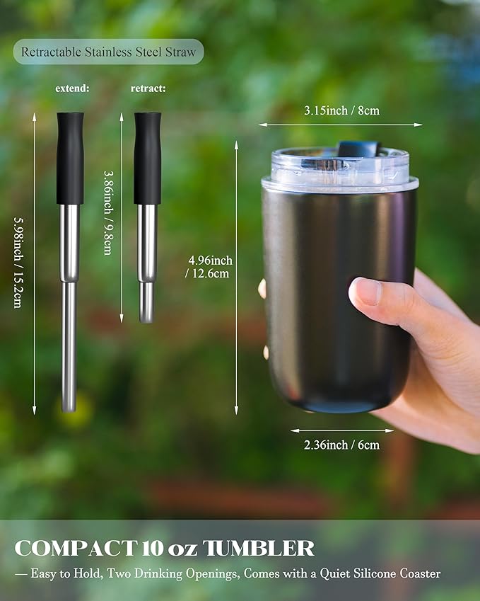 10 oz Insulated Coffee Tumblers, Travel Coffee Tumblers with Straw, Double-Wall Stainless Steel Tumbler, Leak Proof Tumbler, Reusable Cups with Lids for lced and Hot Drinks (Black)