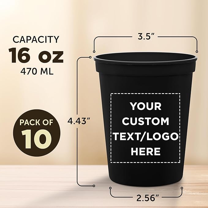 DISCOUNT PROMOS Custom Plastic Stadium Cups 16 oz. Set of 10, Personalized Bulk Pack - Perfect for Birthdays, Weddings, Picnic, Beach, Parties - Black