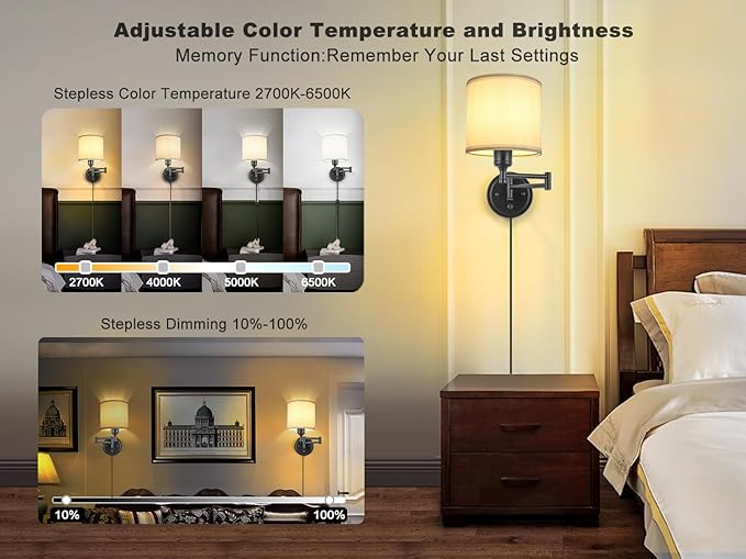 Plug in Wall Sconces with Remote Control, Dimming 10%-100% & Adjustable Colors - Image 2