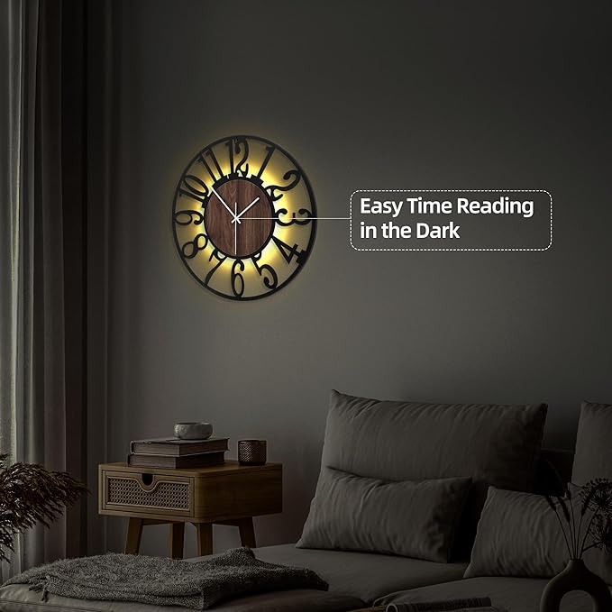 20'' Silent Wall Clock with Night Light, Glow in The Dark Decorative Wall Clock - Image 5