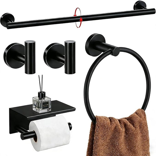 5-Piece Matte Black Bathroom Accessories Set, 24-Inch Wall-Mounted Towel Bar by Unknown