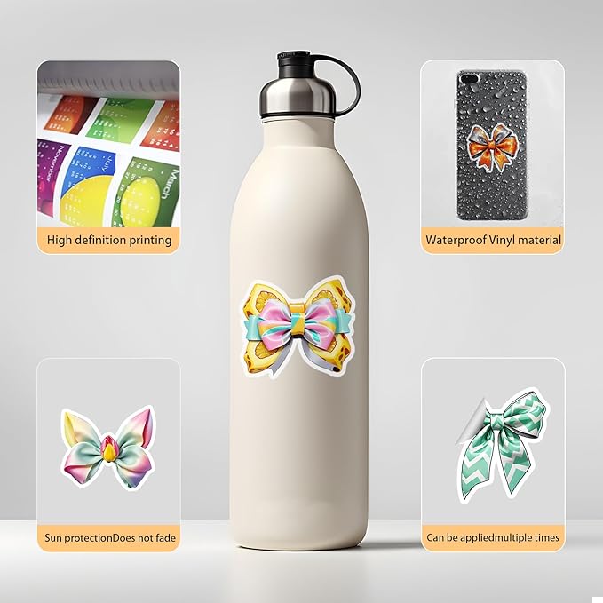 Cute Colorful Bow Stickers 50Pcs Vinyl Trendy Bows Stickers for Water Bottle Scrapbook Laptop Luggage Helmet Bike Motorcycle Skateboard,Waterproof Funny Aesthetic Decals for Teens Girls Women