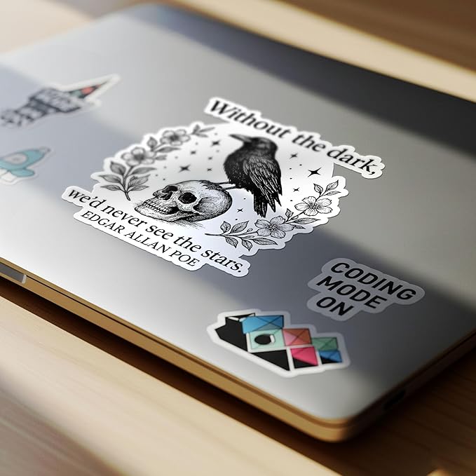 Without The Dark Wed Never See The Star Sticker Gothic Raven Dark Academia Skull Literature Waterproof Die-Cut Vinyl Stickers for Water Bottle, Tumbler, Hard Hat, Phone, Cute Gifts for Her Him