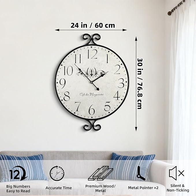 30 Inch Wall Clock for Living Room, Extra Large Farmhouse Wall Clock, Wrought - Image 2