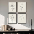 Framed Black and White Floral Wall Art, 4 Piece Vintage Gray Botanical Canvas by Cuspin