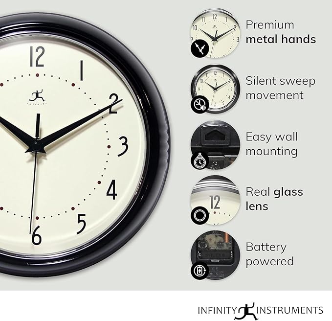 Infinity Instruments Retro Round Metal Wall Clock, Olive Green 9.5" - Image 4