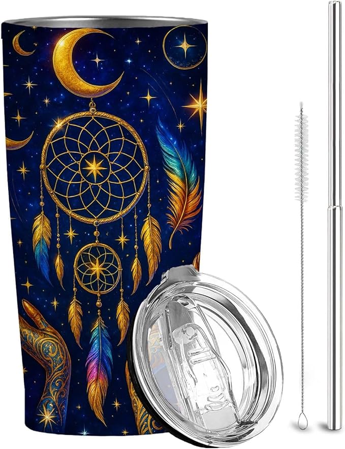 20 oz Leak Proof Tumbler | Insulated Travel Mug for Women and Men | Stainless Steel Cup with Lid and Straw | Colorful Coffee Tumbler for Christmas and Birthday Gifts | Indian Dreamcatcher