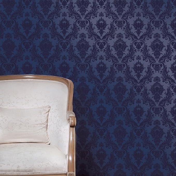 Tempaper Textured Metallic Blue Damsel Removable Peel and Stick Damask Wallpaper - Image 7
