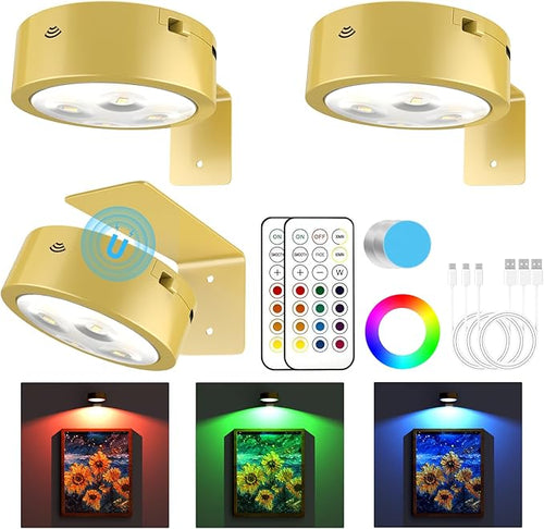 3 Pack Picture Lights for Wall, 13 RGB Color Rechargeable Battery Operated wall by Narotood