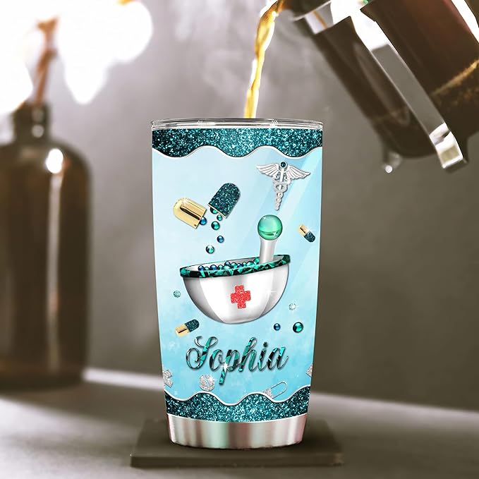 WAZONE Personalized Pharmacy Tumbler 20oz 30oz Customize Name Stainless Steel Travel Mug Vacuum Insulated Cup With Lid Funny Technician Gifts For Girls Women Pharmacists Coworkers Pharmacist
