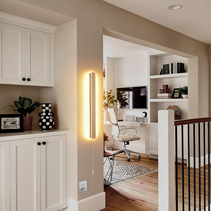 Modern Plug in Wall Sconces, 23.6 inch Faux Wood Texture Finish LED Long Wall - Image 6