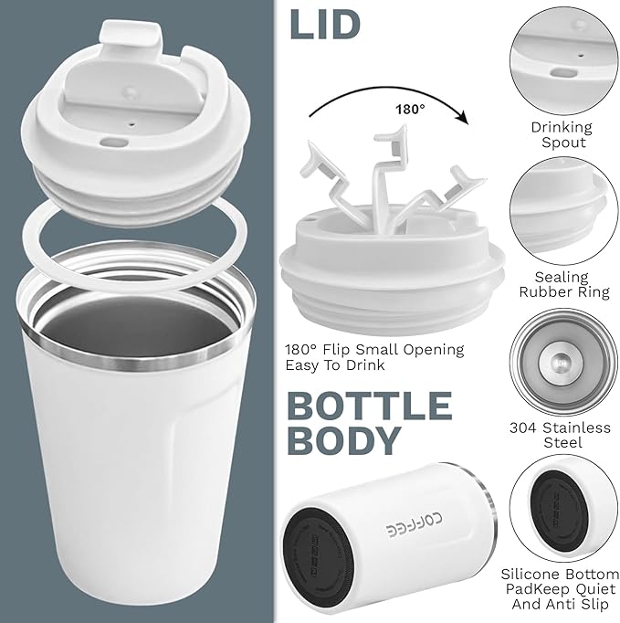 YINBAOGE Insulated Travel Coffee Mug, Spill & Leak Proof, Portable To Go Camping Stainless Steel Coffee Tumbler, Reusable Thermal Coffee Cup with Lid for Hot & Cold Drinks (2nd-White, 12 OZ)
