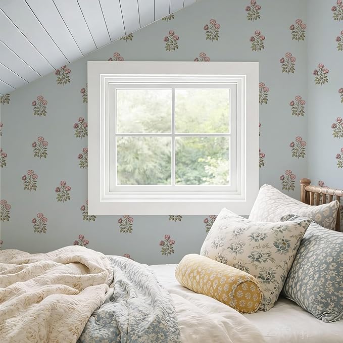 17.3"× 590.5" Vintage Blue Floral Wallpaper Peel and Stick Boho Wallpaper - Image 5