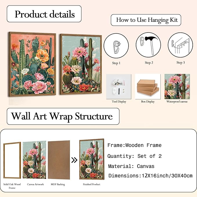 Framed Mexican Cactus Canvas Wall Art Set of 2, Vintage Desert Floral Wall - Image 6