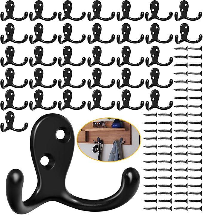 Homanu 34 Pack Coat Hooks, Heavy Duty Double Prong Coat Hooks Wall Mounted by Homanu