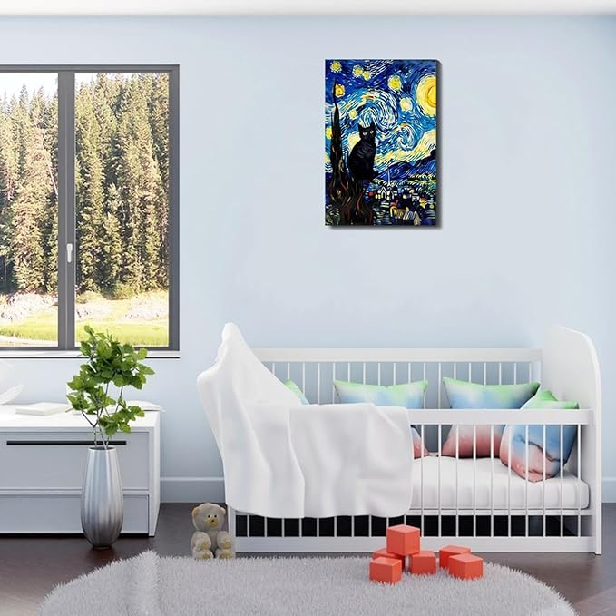 ALMLZL Framed Van Gogh The Starry Night Cat Canvas Wall Art Cute Funny Black - Image 5