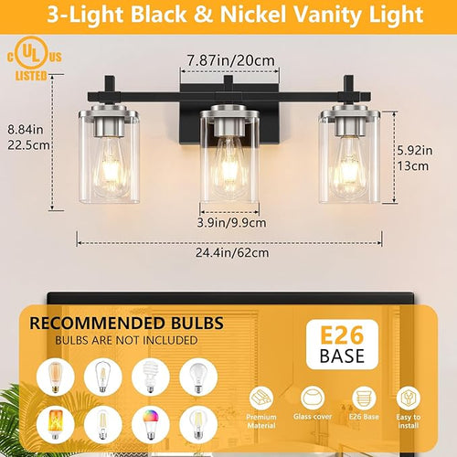3-Lights Black and Brushed Nickel Bathroom Light Fixtures, Modern Black and - Image 2