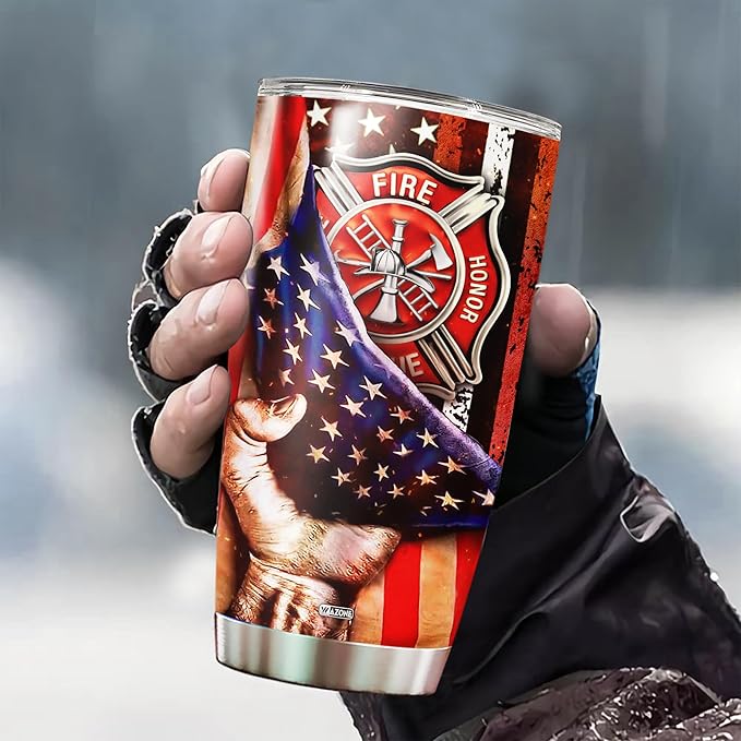 WAZONE Personalized Firefighter Tumbler With Lid Customize Name 20oz 30oz Travel Mug Double Wall Vacuum Stainless Steel Insulated Cup Novelty Birthday Christmas Gift for Man Father Fireman