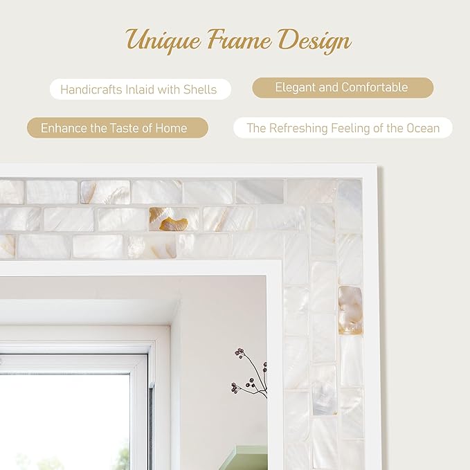 Mosaic Bathroom Mirrors for Wall 24x36 Inch, Natural Mother of Pearl Inlay - Image 3