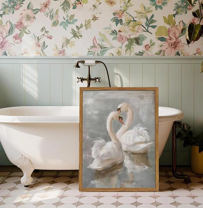 Framed Vintage Swan Canvas Wall Art, Romantic White Swan Paintings Wall Decor - Image 4