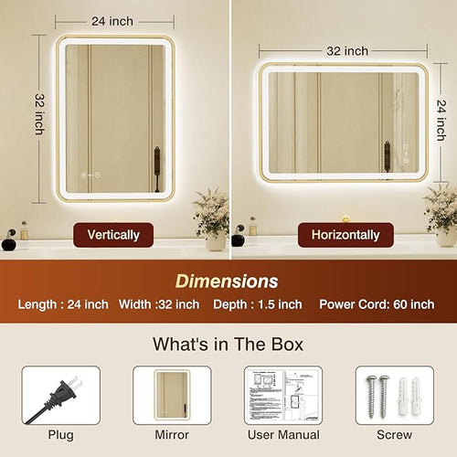24x32 Inch Gold Framed LED Bathroom Mirror - Image 2