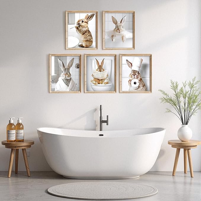 Vodefoad Funny Bunny Bathroom Wall Art 5pcs Bundle Easter Rabbit Posters Animal - Image 2