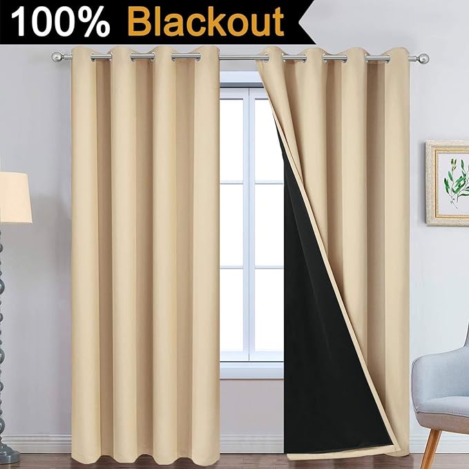 Yakamok Beige 100% Blackout Curtains, Thermal Insulated Total Blackout Drapes - Image 2
