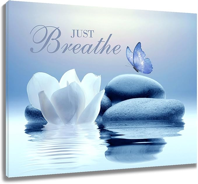 EOBTAIN Zen Bathroom Wall Art Blue Butterfly and Flower Stone Relaxing Just by EOBTAIN