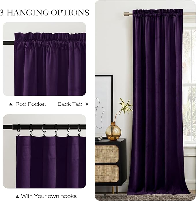 NICETOWN Purple Velvet Curtains 90 inches Long 2 Panels Set, Thermal Insulated - Image 6